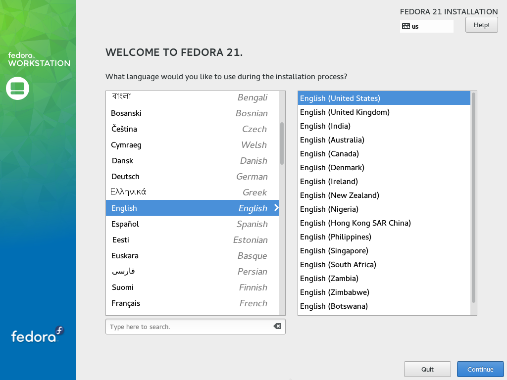 Fedora 21 installation language